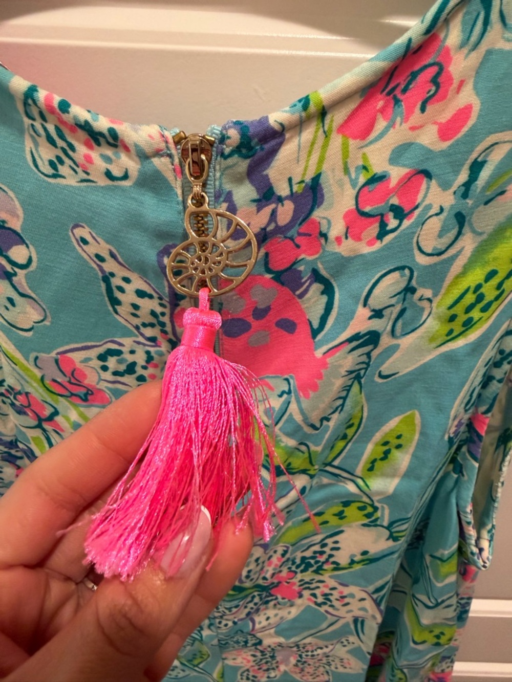 Lilly Pulitzer Aqua Floral Sleeveless Shift Dress with Pink & Green Accents - Picture 5 of 6